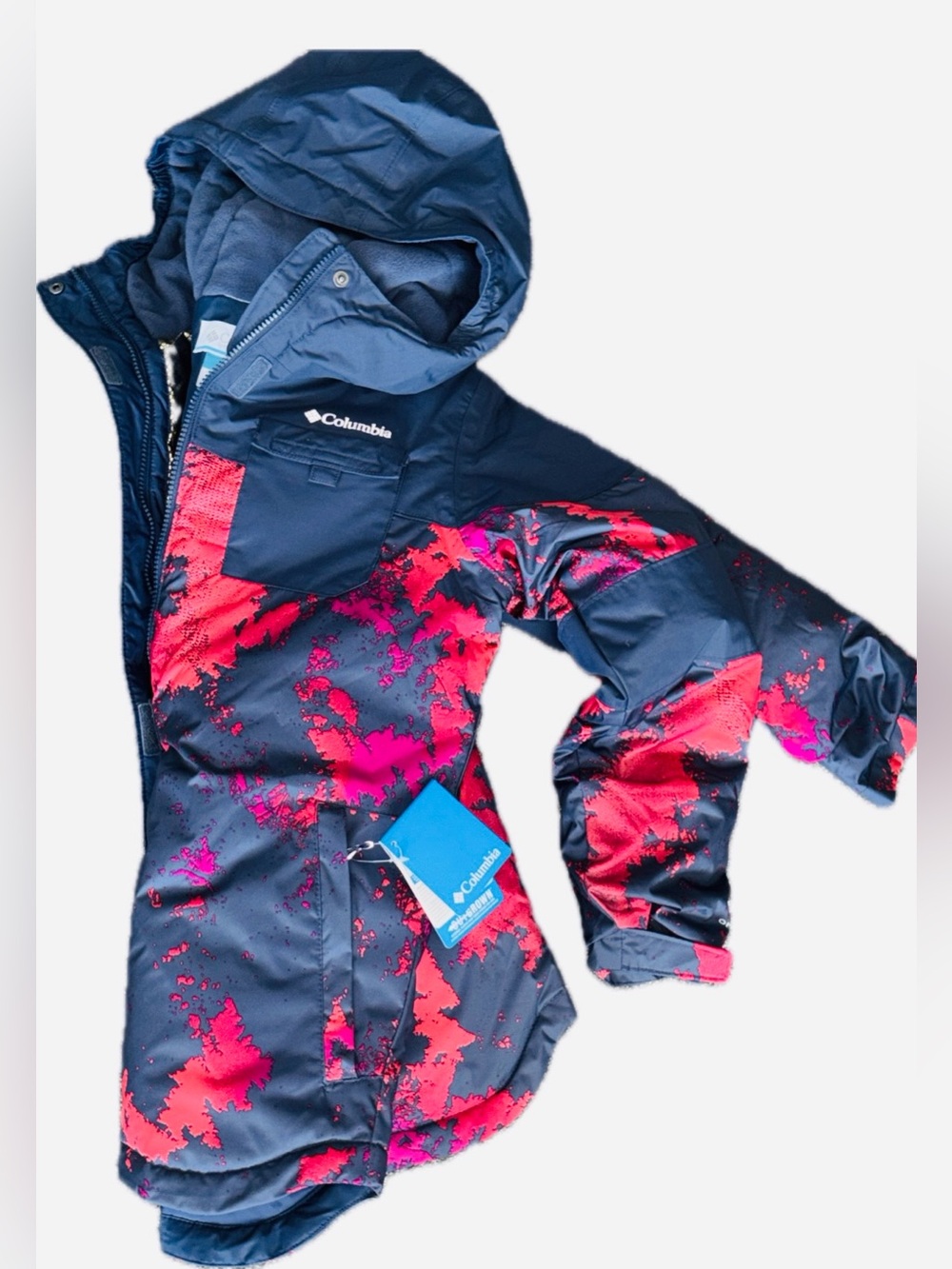 Columbia Navy Jacket with Bright Pink Print Hooded Shell | NWT * - Picture 2 of 16